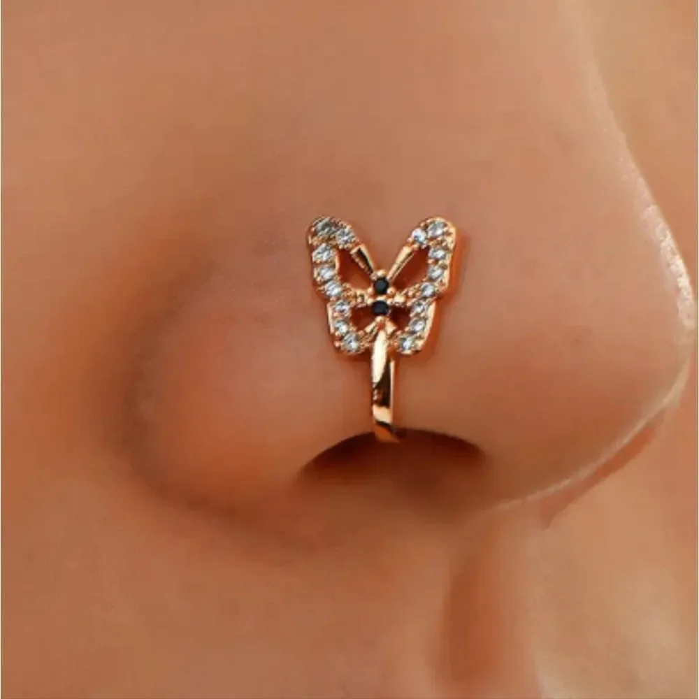 1pc Crystal Butterfly Fake Nose Ring, Non Piercing Clip On Nose Ring